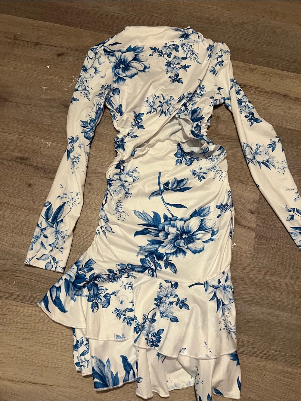 SHEIN White Dress with Blue Floral Print - Long Sleeve Ruffle Hem